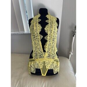 Frederick’s Of Hollywood Bright Yellow Lace Sexy teddy Ribbon size S